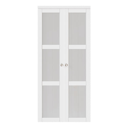 CRUTOP  3-Lite Tempered Frosted Glass Pivot Swing Door for Pantry Laundry with Pivot Hardware, Double Doors for Closet, Bifold Door Alternative - White