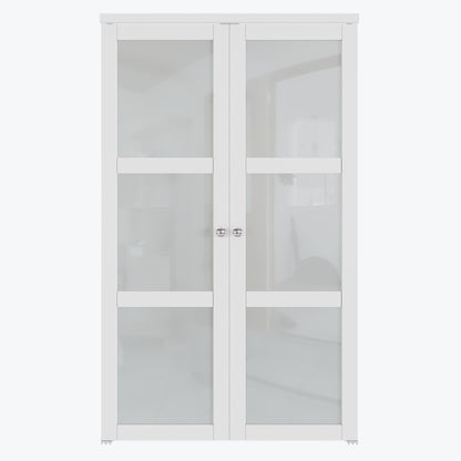 CRUTOP  3-Lite Tempered Frosted Glass Pivot Swing Door for Pantry Laundry with Pivot Hardware, Double Doors for Closet, Bifold Door Alternative - White
