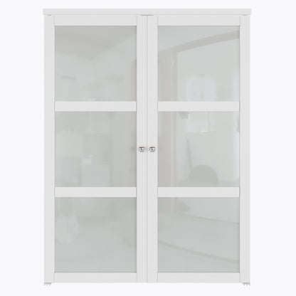 CRUTOP  3-Lite Tempered Frosted Glass Pivot Swing Door for Pantry Laundry with Pivot Hardware, Double Doors for Closet, Bifold Door Alternative - White