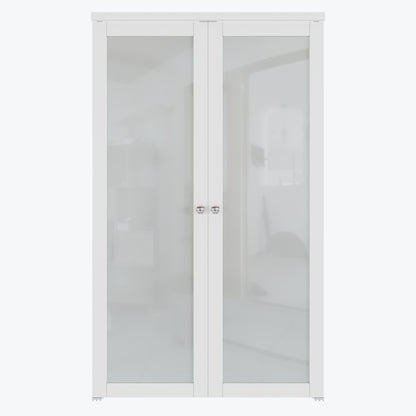 CRUTOP  1-Lite Tempered Frosted Glass Pivot Swing Door for Pantry Laundry with Pivot Hardware, Double Doors for Closet, Bifold Door Alternative - White