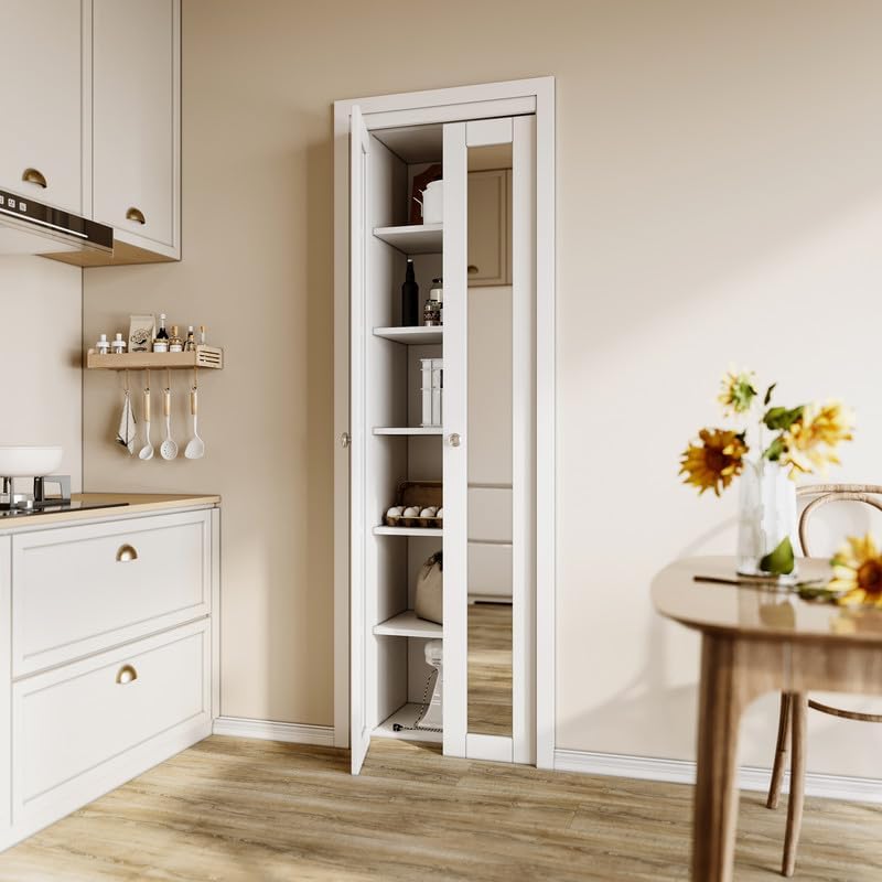 CRUTOP Bi-Fold Pivot Doors , One Side Mirror Closet Door with Hardware Kit, MDF Panel Folding Interior Double Doors Easy to Install - White