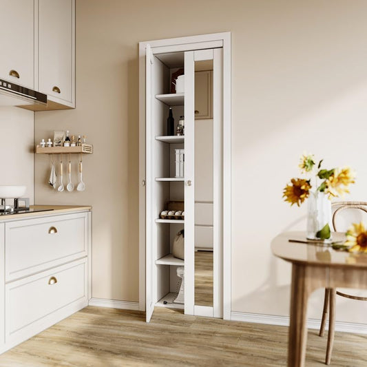 CRUTOP Bi-Fold Pivot Doors , One Side Mirror Closet Door with Hardware Kit, MDF Panel Folding Interior Double Doors Easy to Install - White