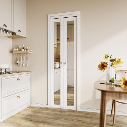 CRUTOP Bi-Fold Pivot Doors , One Side Mirror Closet Door with Hardware Kit, MDF Panel Folding Interior Double Doors Easy to Install - White