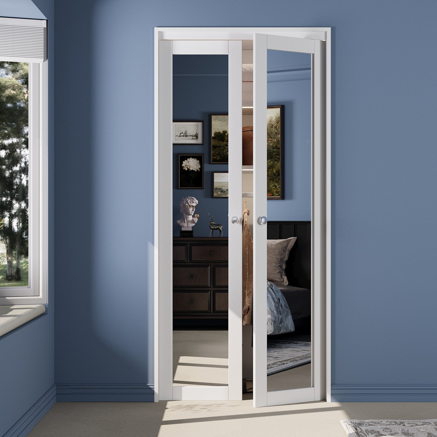 CRUTOP One Side Mirror Pivot Swing Door for Pantry Laundry with Pivot Hardware, Double Doors for Closet, Bifold Door Alternative - White