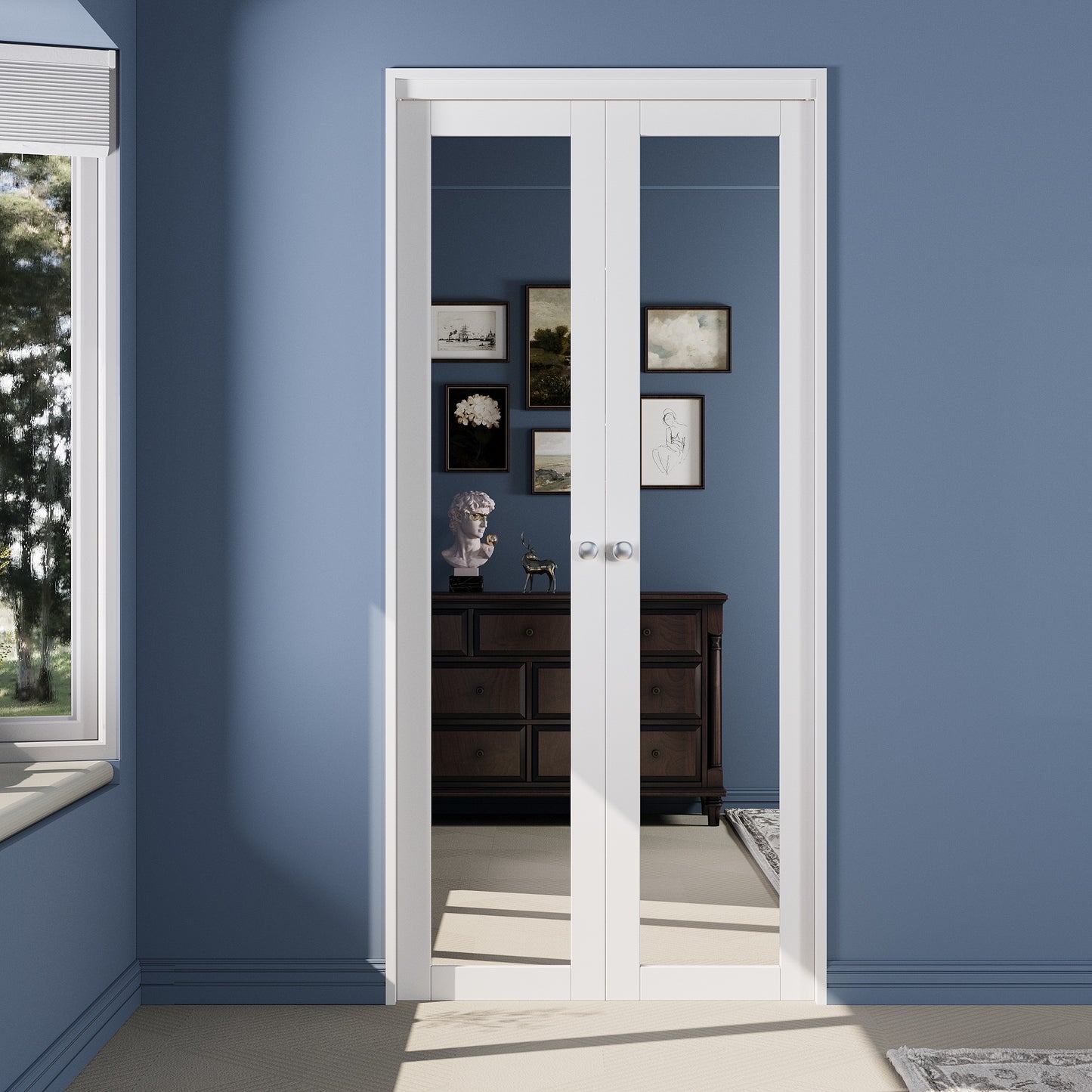 CRUTOP One Side Mirror Pivot Swing Door for Pantry Laundry with Pivot Hardware, Double Doors for Closet, Bifold Door Alternative - White