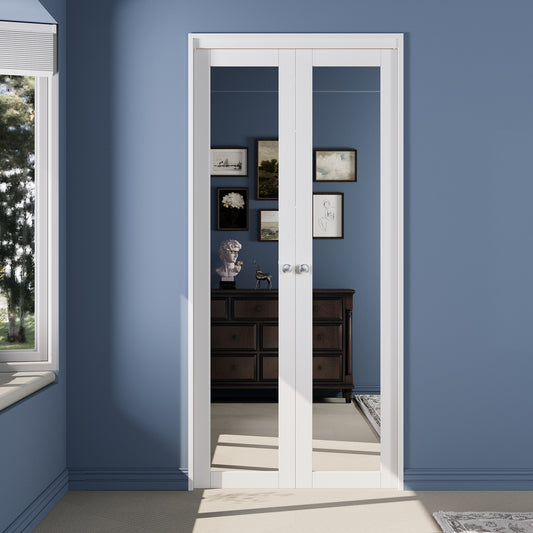 CRUTOP One Side Mirror Pivot Swing Door for Pantry Laundry with Pivot Hardware, Double Doors for Closet, Bifold Door Alternative - White