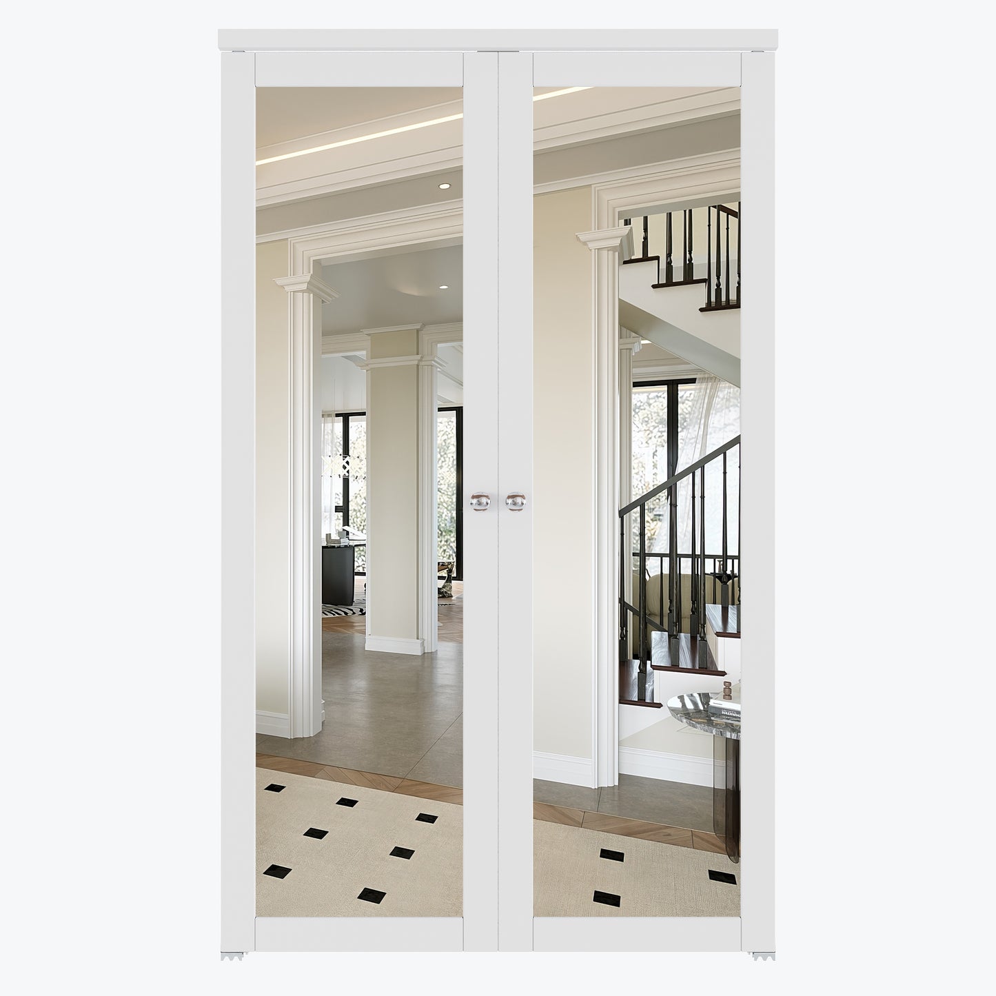 CRUTOP One Side Mirror Pivot Swing Door for Pantry Laundry with Pivot Hardware, Double Doors for Closet, Bifold Door Alternative - White