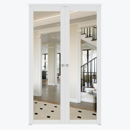 CRUTOP One Side Mirror Pivot Swing Door for Pantry Laundry with Pivot Hardware, Double Doors for Closet, Bifold Door Alternative - White