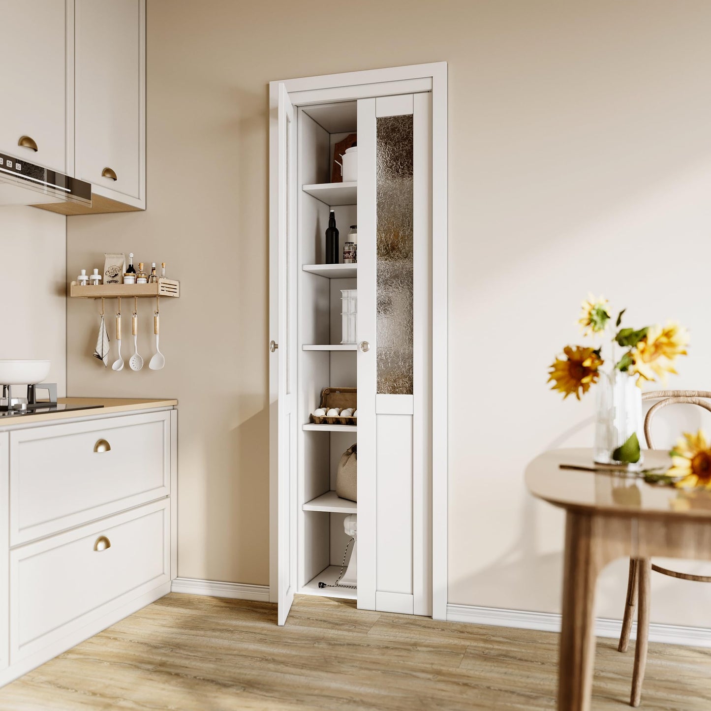 CRUTOP Bi-Fold Pivot Doors ,  1-Lite Rippled Glass Closet Door with Hardware Kit, MDF Panel Folding Interior Double Doors Easy to Install - White