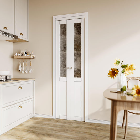 CRUTOP Bi-Fold Pivot Doors ,  1-Lite Rippled Glass Closet Door with Hardware Kit, MDF Panel Folding Interior Double Doors Easy to Install - White