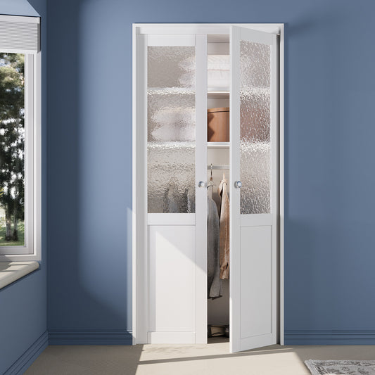 CRUTOP  1-Lite Rippled Glass Pivot Swing Door for Pantry Laundry with Pivot Hardware, Double Solid Core Doors for Closet, Bifold Door Alternative - White