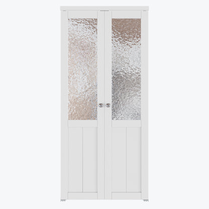 CRUTOP  1-Lite Rippled Glass Pivot Swing Door for Pantry Laundry with Pivot Hardware, Double Solid Core Doors for Closet, Bifold Door Alternative - White