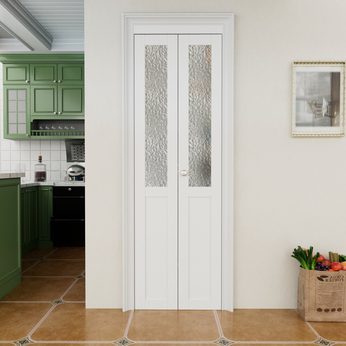 CRUTOP 1-Lite Rippled Glass Bifold Door, Build Quality Panels with Water&Scratch-Resistant Surface, Solid Core, Interior Closet & Pantry Door (Panels&Hardware&Fascia&Knob)