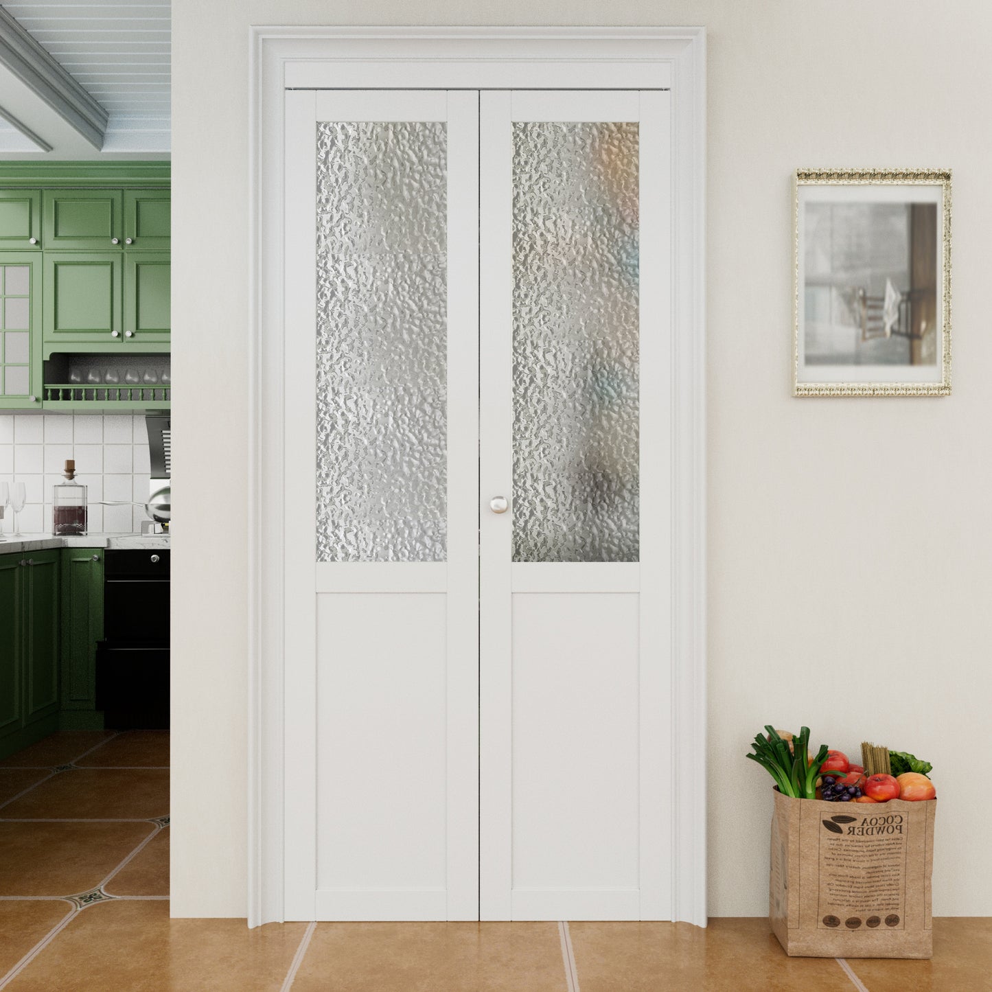 CRUTOP 1-Lite Rippled Glass Bifold Door, Build Quality Panels with Water&Scratch-Resistant Surface, Solid Core, Interior Closet & Pantry Door (Panels&Hardware&Fascia&Knob)