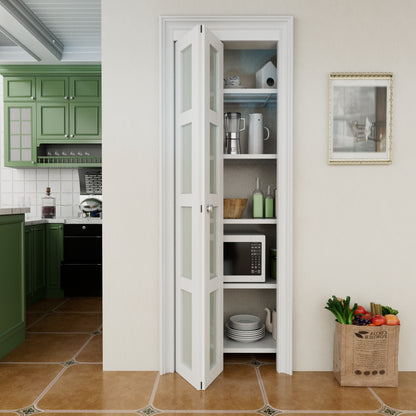 CRUTOP Bi-Fold Pivot Doors , 4-Lite Tempered Frosted Glass Closet Door with Hardware Kit, MDF Panel Folding Interior Double Doors Easy to Install - White