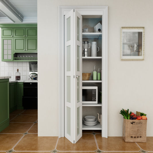 CRUTOP Bi-Fold Pivot Doors , 4-Lite Tempered Frosted Glass Closet Door with Hardware Kit, MDF Panel Folding Interior Double Doors Easy to Install - White