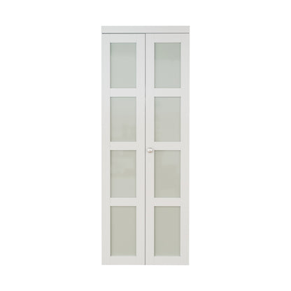 CRUTOP Bi-Fold Pivot Doors , 4-Lite Tempered Frosted Glass Closet Door with Hardware Kit, MDF Panel Folding Interior Double Doors Easy to Install - White