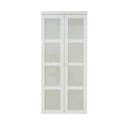 CRUTOP Bi-Fold Pivot Doors , 4-Lite Tempered Frosted Glass Closet Door with Hardware Kit, MDF Panel Folding Interior Double Doors Easy to Install - White