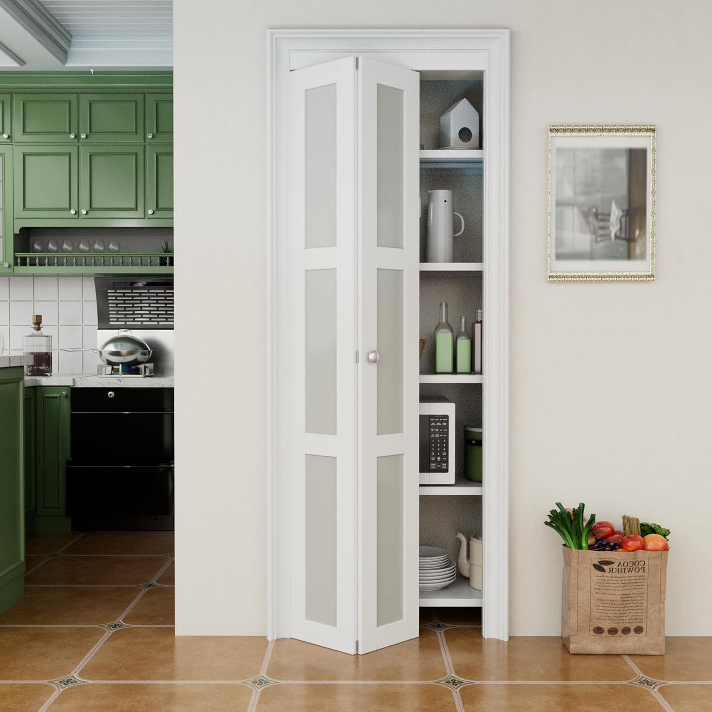 CRUTOP Bi-Fold Pivot Doors , 3-Lite Frosted Glass Closet Door with Hardware Kit, MDF Panel Folding Interior Double Doors Easy to Install - White