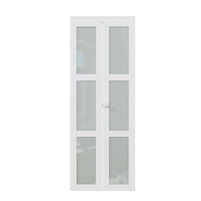 CRUTOP Bi-Fold Pivot Doors , 3-Lite Tempered Frosted Glass Closet Door with Hardware Kit, MDF Panel Folding Interior Double Doors Easy to Install - White (Paintable)
