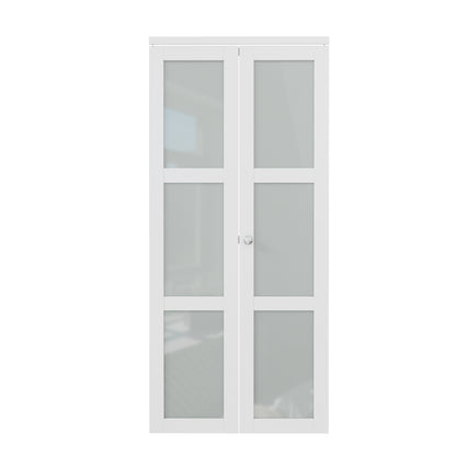 CRUTOP Bi-Fold Pivot Doors , 3-Lite Tempered Frosted Glass Closet Door with Hardware Kit, MDF Panel Folding Interior Double Doors Easy to Install - White (Paintable)