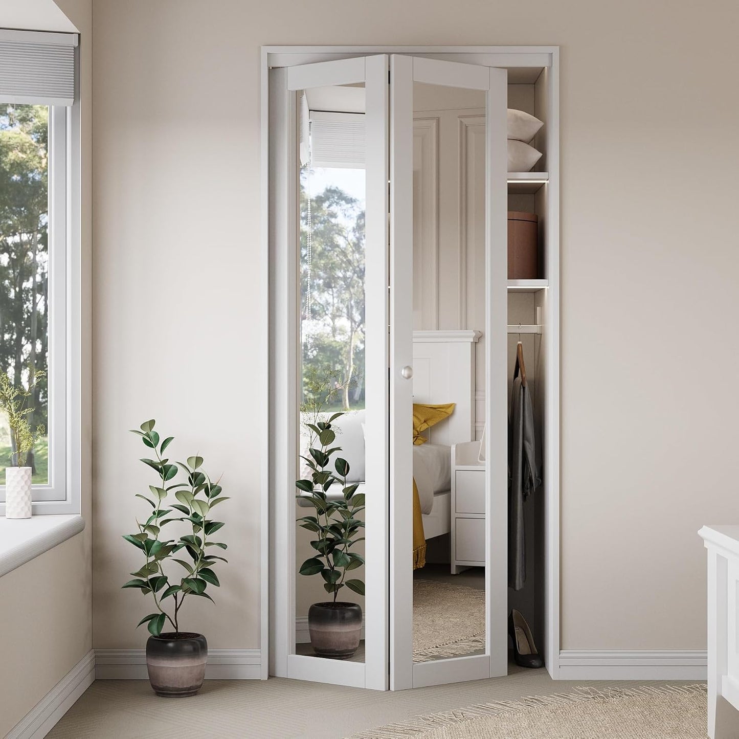 CRUTOP Mirrored Bifold Door, Build Quality Panels with Water&Scratch-Resistant Surface, Solid Core, Interior Closet & Pantry Door (Panels&Hardware&Fascia&Knob)
