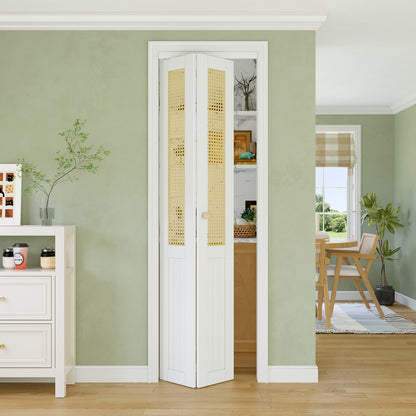 CRUTOP Bi-Fold Pivot Doors , Rattan Closet Door with Hardware Kit, MDF Panel Folding Interior Double Doors Easy to Install -  White