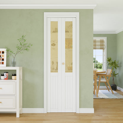 CRUTOP Bi-Fold Pivot Doors , Rattan Closet Door with Hardware Kit, MDF Panel Folding Interior Double Doors Easy to Install -  White