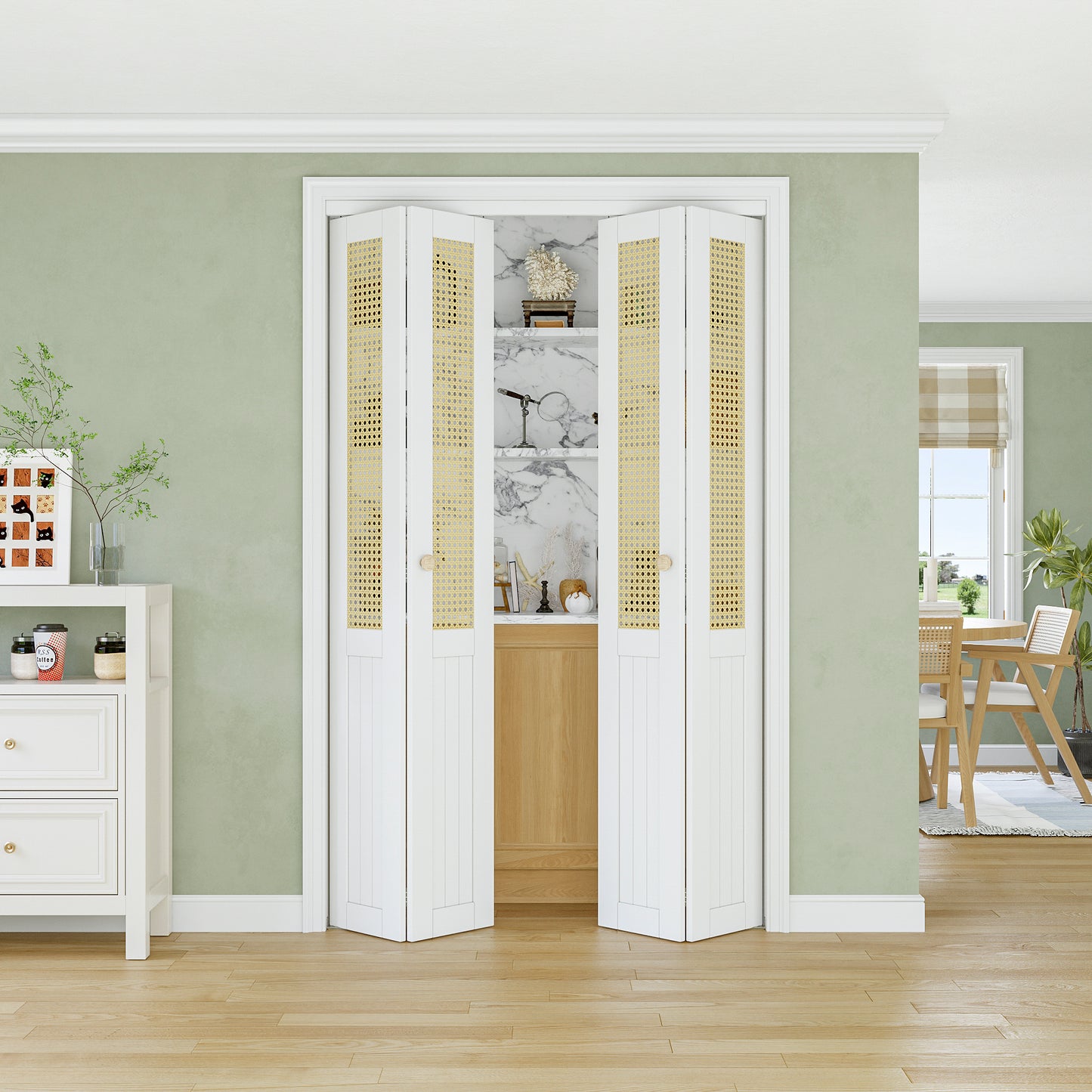 CRUTOP Rattan Bifold Door, Interior Door Panel with Hardware Kit Set & Fascia & Knob, Folding Doors for Closet/Pantry/Bedroom, Preassembled Bi Fold Doors, White