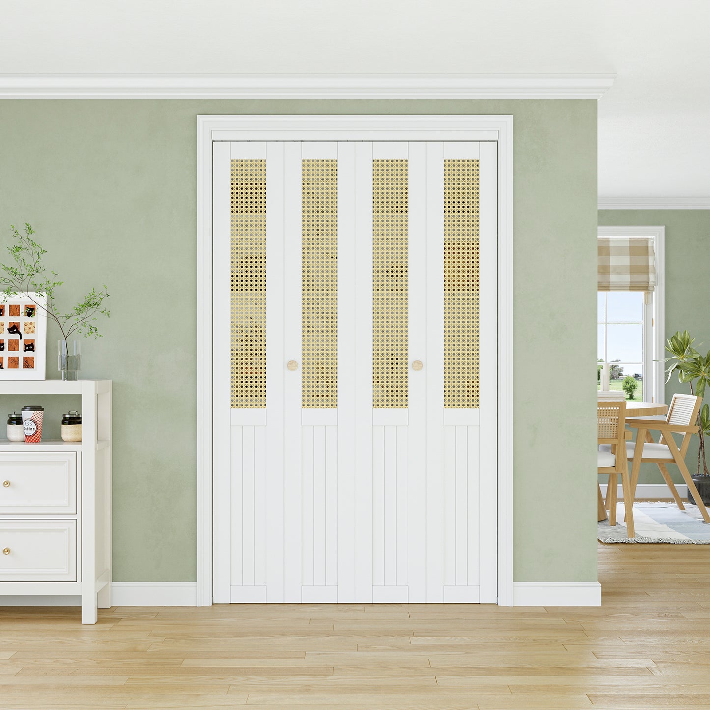 CRUTOP Rattan Bifold Door, Interior Door Panel with Hardware Kit Set & Fascia & Knob, Folding Doors for Closet/Pantry/Bedroom, Preassembled Bi Fold Doors, White