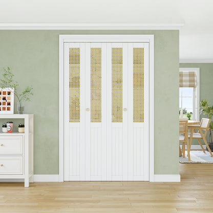 CRUTOP Rattan Bifold Door, Interior Door Panel with Hardware Kit Set & Fascia & Knob, Folding Doors for Closet/Pantry/Bedroom, Preassembled Bi Fold Doors, White