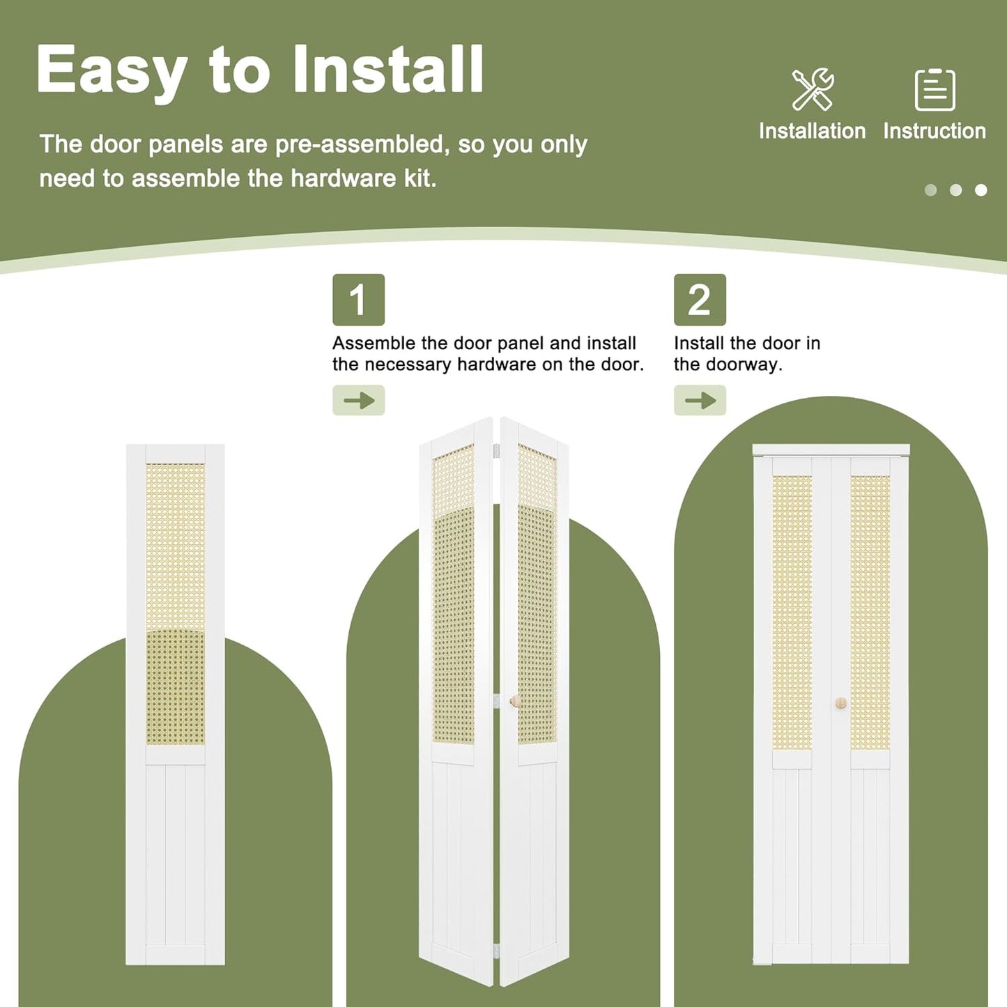 CRUTOP Rattan Bifold Door, Interior Door Panel with Hardware Kit Set & Fascia & Knob, Folding Doors for Closet/Pantry/Bedroom, Preassembled Bi Fold Doors, White
