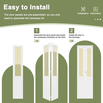 CRUTOP Rattan Bifold Door, Interior Door Panel with Hardware Kit Set & Fascia & Knob, Folding Doors for Closet/Pantry/Bedroom, Preassembled Bi Fold Doors, White
