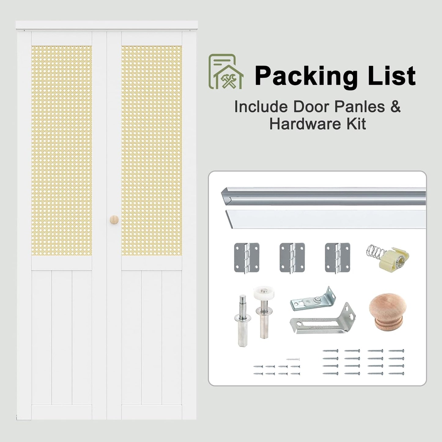 CRUTOP Rattan Bifold Door, Interior Door Panel with Hardware Kit Set & Fascia & Knob, Folding Doors for Closet/Pantry/Bedroom, Preassembled Bi Fold Doors, White