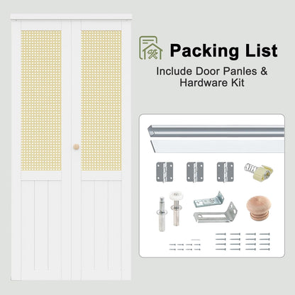 CRUTOP Rattan Bifold Door, Interior Door Panel with Hardware Kit Set & Fascia & Knob, Folding Doors for Closet/Pantry/Bedroom, Preassembled Bi Fold Doors, White