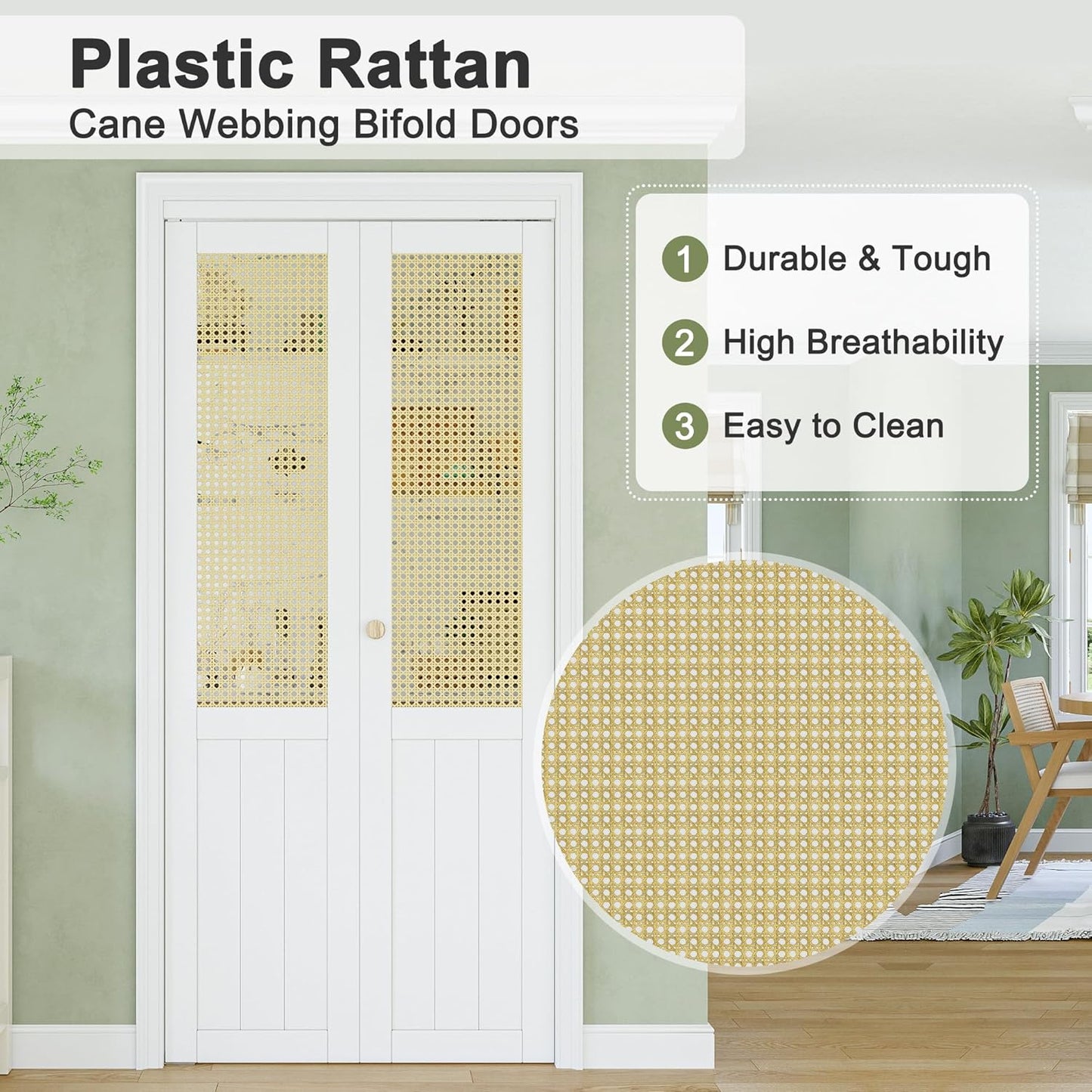 CRUTOP Rattan Bifold Door, Interior Door Panel with Hardware Kit Set & Fascia & Knob, Folding Doors for Closet/Pantry/Bedroom, Preassembled Bi Fold Doors, White