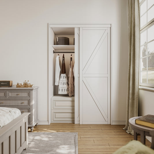 CRUTOP Sliding Closet Door, Water-Resistant Wood Texture Surface & Solid Core, K Shape Design, Build Quality & Easy to Install( Pre-Assembled Panels with Hardware Kit)