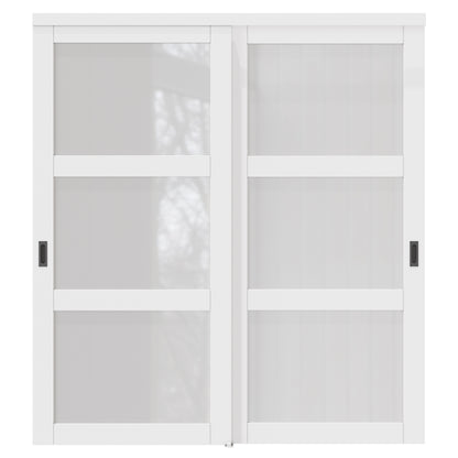 CRUTOP Paintable Sliding Closet Door, 3-Lite Tempered Frosted Glass with Good Privacy, Water-Resistant Frame, Build Quality (Panels&Hardware Kit)