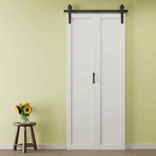 Crutop 1-Lite Solid Core Panel Bifold Barn Door, Preassembled Panels with Hardware Kit & Handle, No Requiry Assemble Panels, Solid Core MDF Wood & Finished & PVC Covered