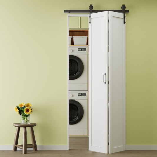 Crutop 1-Lite Solid Core Panel Bifold Barn Door, Preassembled Panels with Hardware Kit & Handle, No Requiry Assemble Panels, Solid Core MDF Wood & Finished & PVC Covered