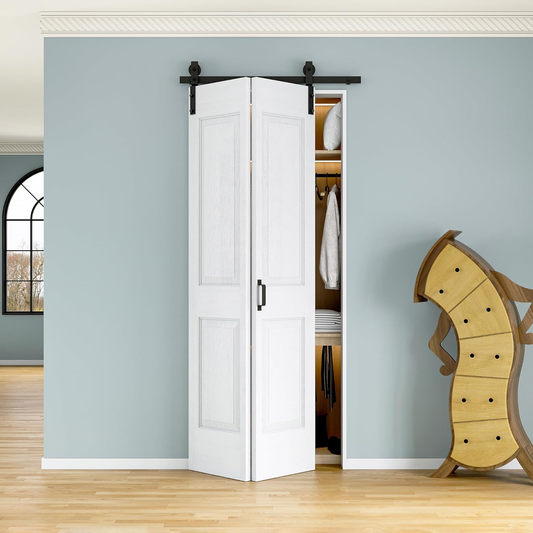 Crutop 4-Lite Hollow Paneled Bifold Barn Door, Preassembled Panels with Hardware Kit & Handle, No Requiry Assemble Panels, Solid Core MDF Wood & Prefinished & Paintable