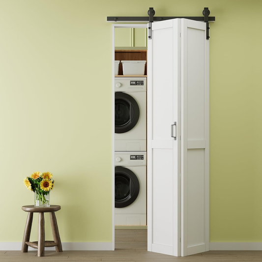 Crutop H-shape Solid Core Panel Bifold Barn Door, Preassembled Panels with Hardware Kit & Handle, No Requiry Assemble Panels, Solid Core MDF Wood & Prefinished & Paintable