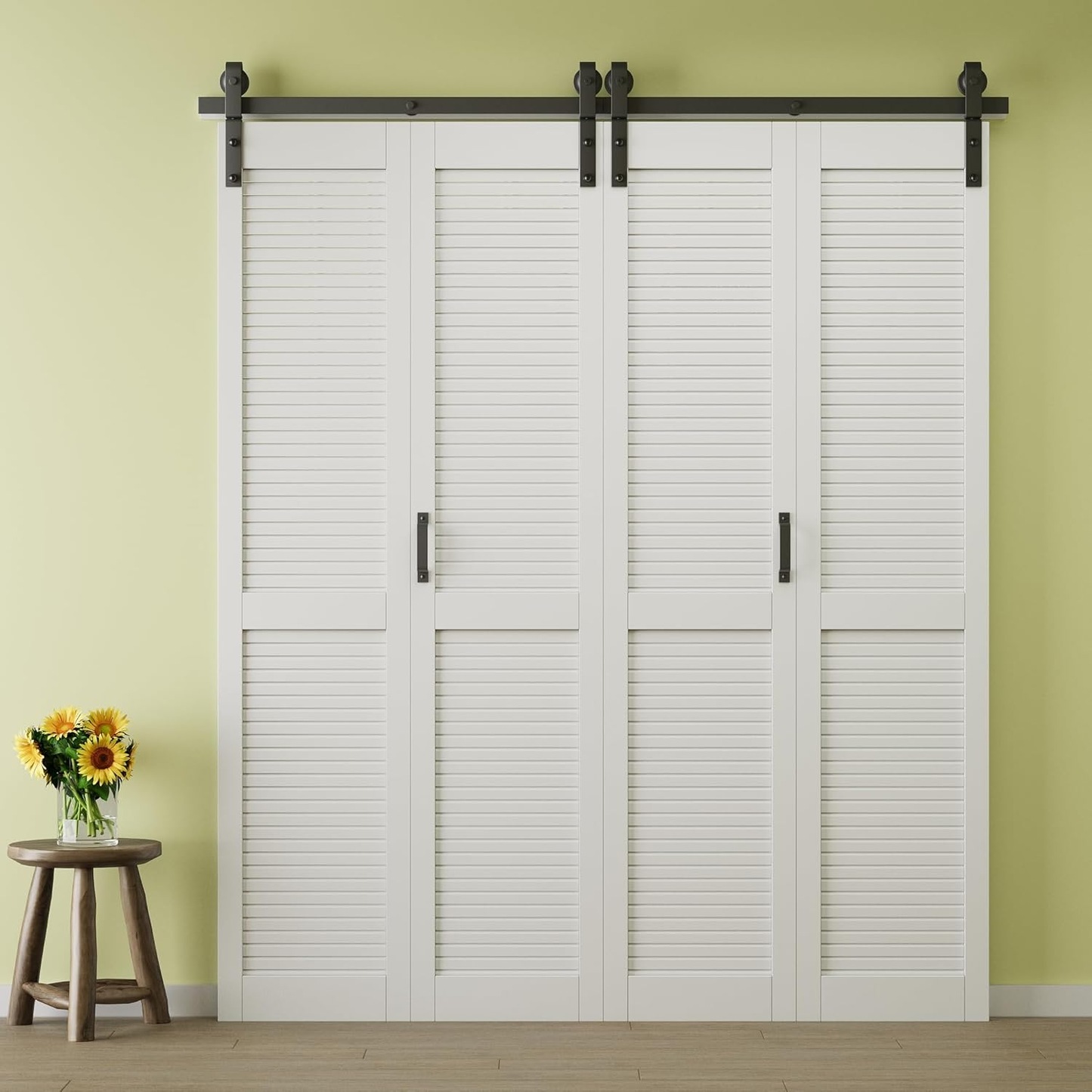 Crutop Louvered Solid Core Panel Bifold Barn Door, Preassembled Panels with Hardware Kit & Handle, No Requiry Assemble Panels, Solid Core MDF Wood & Finished & PVC Covered