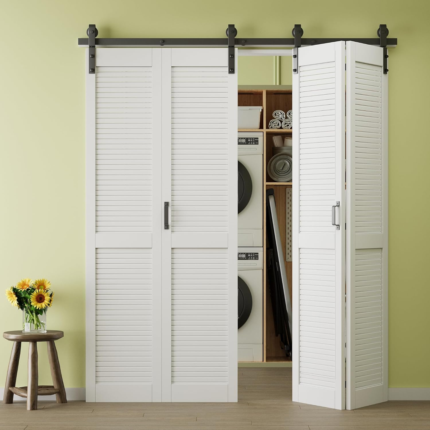 Crutop Louvered Solid Core Panel Bifold Barn Door, Preassembled Panels with Hardware Kit & Handle, No Requiry Assemble Panels, Solid Core MDF Wood & Finished & PVC Covered