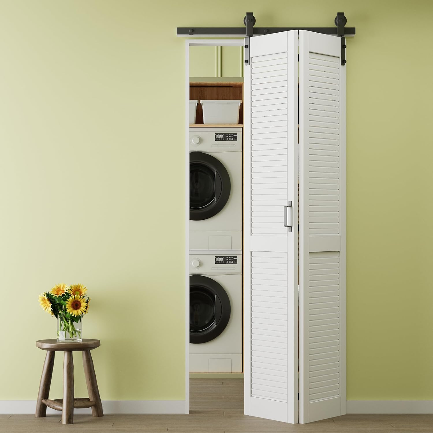 Crutop Louvered Solid Core Panel Bifold Barn Door, Preassembled Panels with Hardware Kit & Handle, No Requiry Assemble Panels, Solid Core MDF Wood & Finished & PVC Covered