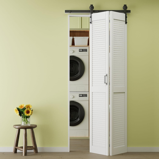 Crutop Louvered Solid Core Panel Bifold Barn Door, Preassembled Panels with Hardware Kit & Handle, No Requiry Assemble Panels, Solid Core MDF Wood & Finished & PVC Covered