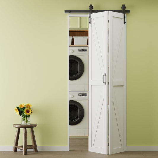 Crutop K-shape Solid Core Panel Bifold Barn Door, Preassembled Panels with Hardware Kit & Handle, No Requiry Assemble Panels, Solid Core MDF Wood & Prefinished & Paintable