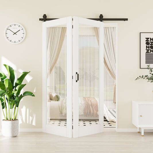 CRUTOP Tempered Clear Glass Bifold Barn Door, Paintable Surface,White Prefinished Solid MDF Wood Panel with Hardware Kit & Handle & Floor Guide