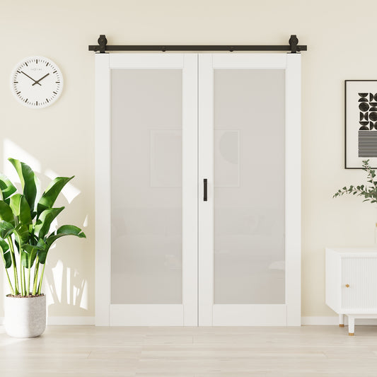 CRUTOP Tempered Frosted Glass Bifold Barn Door, Paintable Surface,White Prefinished Solid MDF Wood Panel with Hardware Kit & Handle & Floor Guide