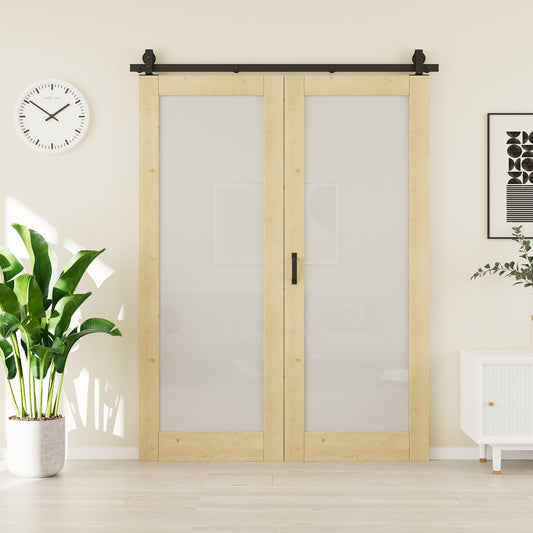 CRUTOP Tempered Frosted Glass Pine Wood Bifold Barn Door, Unfinished Paint-ready Surface Panel with Hardware Kit & Handle & Floor Guide
